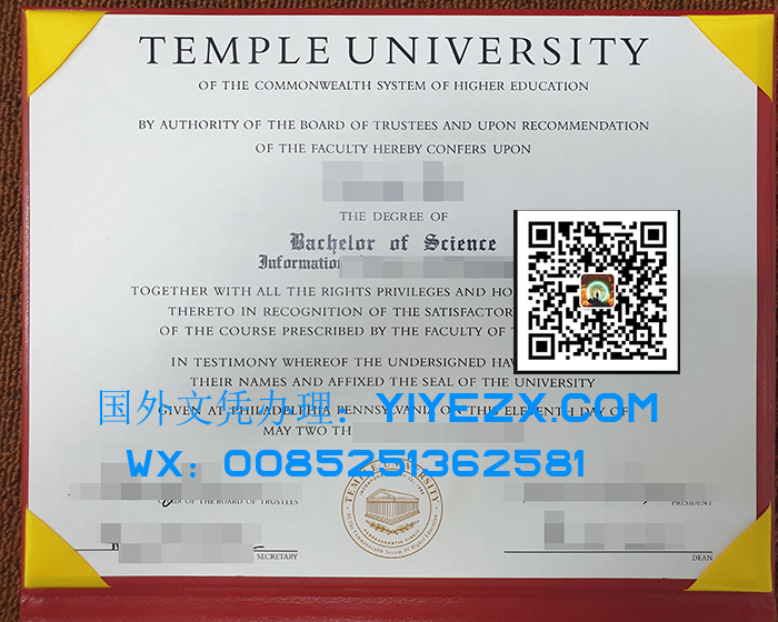 Temple University Diploma Certificate, 天普大学证书