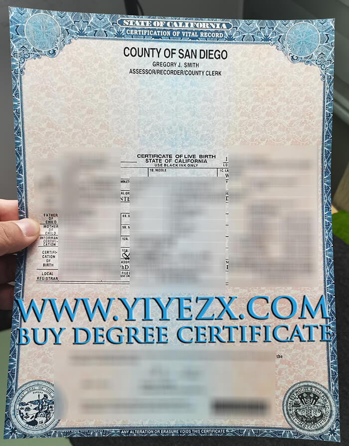 County of san diego State of California Certificate of Live Birth 